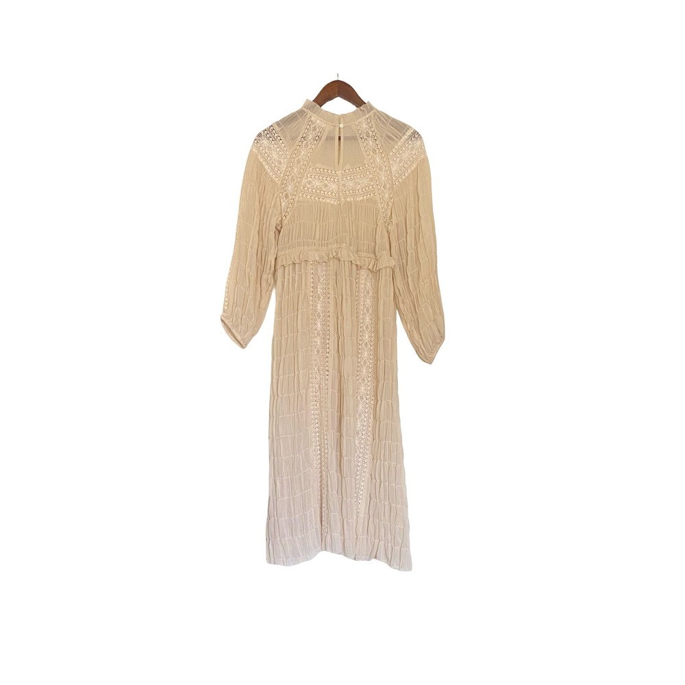 Let Me Be Women's Midi Dress Cream Crinkle Lace Bohemian Long Sleeve - Picture 2 of 8
